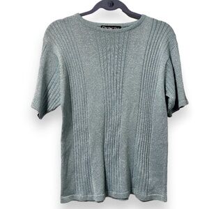 Vintage 90s Ice Blue Metallic Silk Knit Short Sleeve Sweater Women’s Size Large